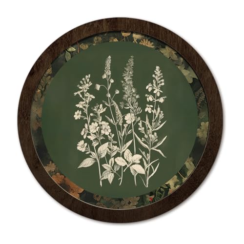 PeakClub Vintage Floral Wall Art, Green Botanical Round Wooden Print Hanging Decor for Kitchen Bathroom Home Bedroom, Cottage Antique Floral Decor 10x10 Inch - color: Floral - Vintage Green