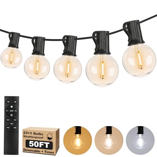 50FT Outdoor String Lights with 3 Color Lights, Dimmable G40 Globe String Lights for Outside with Remote, Waterproof Patio Lights with 25+1 Shatterproof Bulbs for Wedding Party Backyard Home Christmas - color: Black, size: 50FT-3CCT