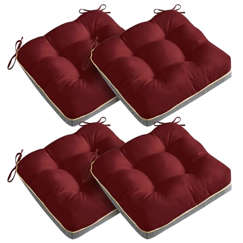 4 Pack 19x19 Inch Shredded Foam Chair Cushions with Straps - All-Season Seat Pads for Indoor/Outdoor Dining, Office, Patio, Kitchen Chairs (RED, 19 INCH × 19 INCH) - color: Red