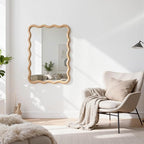 Bathroom Mirror for Wall,20x28 inch Large Irregular Wavy Wood Modern Boho Vanity Farmhouse Mirrors for Bedroom Living Room Entryway Hallway Fireplace - size: 28"L x 20"W