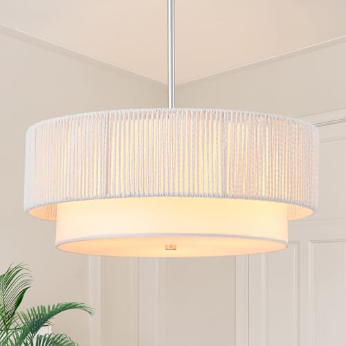18'' Farmhouse Rattan Chandeliers for Dining Room,3-Light Boho Light Fixtures Rattan Pendant Light Fixture with Fabric Shade Drum Chandeliers for Bedroom Dining Room Foyer Kitchen Hallway（White） - color: White, size: 18 inch Drum