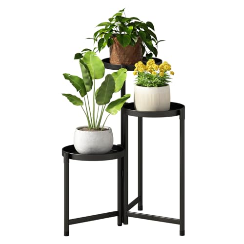Plant Stand indoor outdoor-3 Tier black Tall Metal Flower Pot Holder 9in Wide Potted Display Rack - Heavy Duty Corner Plant Shelf for Patio Garden Balcony Living Bedroom Room