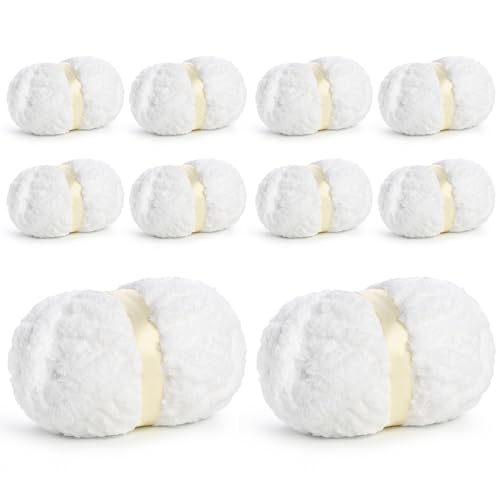 10 Pack Jumbo Chenille Yarn for Crocheting, #10 Super Bulky Baby Soft Yarn for Hand Knitting, 220 yds /70.5 oz Fluffy Chunky Knit Throw Blanket Yarn (Snow White) - color: Snow White
