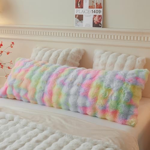 LIFEREVO Fluffy Faux Rabbit Fur Body Pillow Cover, Cozy Tie Dye Bubble Shaggy Plush Bed Body Pillowcase with Zipper Closure, Long 20"x54" Fuzzy Furry Pillow Case for Bedroom Home Decoration, Rainbow - color: Rainbow