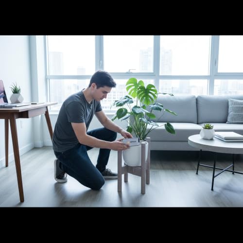 Adjustable Plant Stand, Antique Brush Grey (Pot & Plant Not Included) | Solid Acacia Wood, Stainless Steel Screws, Mid-Century Modern Indoor/Outdoor Planter Holder, - color: Antique Brush Grey