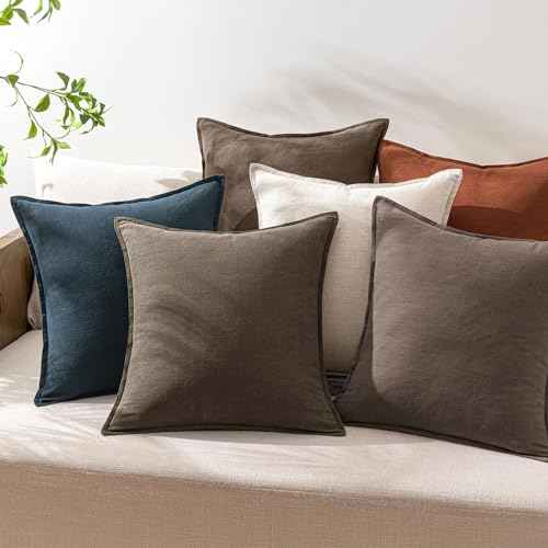 Decorative Linen Solid Throw Pillow Covers 18x18 Inch Set of 2 Coffee Boho Accent Farmhouse Pillows Modern Neutral Home Decor for Couch Sofa Living Room Bed - color: Coffee, size: 18" x 18" (Pack of 2)