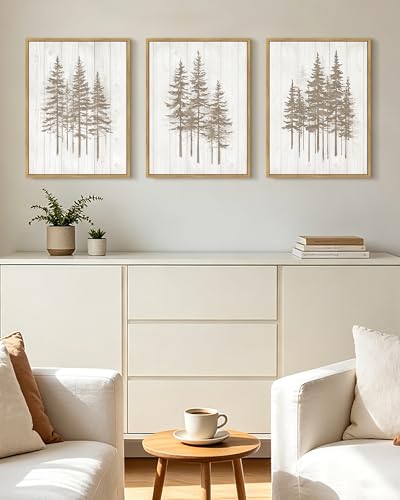 KUVIOKE Foggy Misty Pine Tree Framed Wall Art Watercolor Nature Abstract Forests Wall Decor Rustic Minimalist Painting for Bedroom Dining Room 12x16in (Natural Framed) - color: Watercolor Trees, size: 12 x 16in x 3 Panels Natural