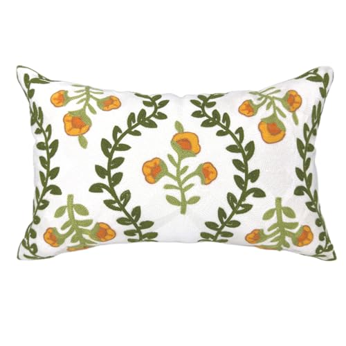 Alysheer Flower Embroidered Summer Decorative Lumbar Throw Pillow Cover 12"x 20", Farmhouse Cottage Orange Floral Green Leaves Patterned Cotton Canvas Cushion Case for Sofa Couch Bed Living Room - color: Orange Green, size: 20" x 12" (Pack of 1)