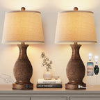 PARTPHONER Table Lamps Set of 2, Bedside Touch Lamp with USB C+A Charging Ports, Side Table Lamp with Linen Fabric Shade (LED Bulbs Included), Wood - size: Wood 22.6" Touch Lamp