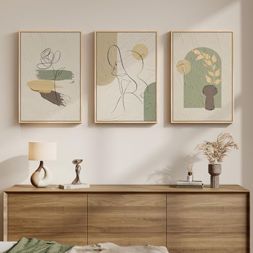 Framed Abstract Boho Wall Art for Living Room, 3 Piece Large Neutral Canvas Prints Paintings, Modern Minimalist Line Face Botanical Picture Artwork Decor for Bedroom Dining Room Hallway, 16x24 Inch - color: Beige Green, size: 24" H x 16" W x 3Pcs