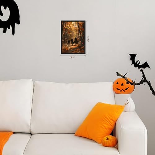 Framed Halloween Witch Wall Art - Autumn Forest Witch Canvas Print, Vintage Gothic Dark Academia Halloween Wall Decor, Spooky Fall Artwork for Bedroom Living Room Home 8x10in Wood Frame - color: Witch, size: 10"L x 8"W