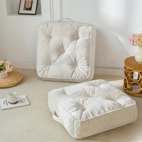 HIGOGOGO 6" Extra Thick Floor Pillow Cushion for Adults, Meditation Cushion Pillow with Handle, Lustrous Chenille Tufted, Square Floor Sitting for Tatami Living Room or Yoga, 22x22 Inch, 2Pack, Beige - color: Square Beige, size: 6" Thick(Pack of 2)