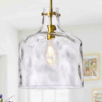 12" Farmhouse Pendant Light, Hand-Blown Clear Hammered Glass Hanging Light Fixture with Brass Gold Finish, Adjustable Chain Ceiling Light for Kitchen Island, Dining Room, Hallway, E26 Socket - color: Chain Gold