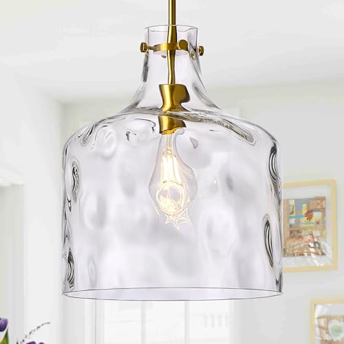 12" Farmhouse Pendant Light, Hand-Blown Clear Hammered Glass Hanging Light Fixture with Brass Gold Finish, Adjustable Chain Ceiling Light for Kitchen Island, Dining Room, Hallway, E26 Socket - color: Chain Gold