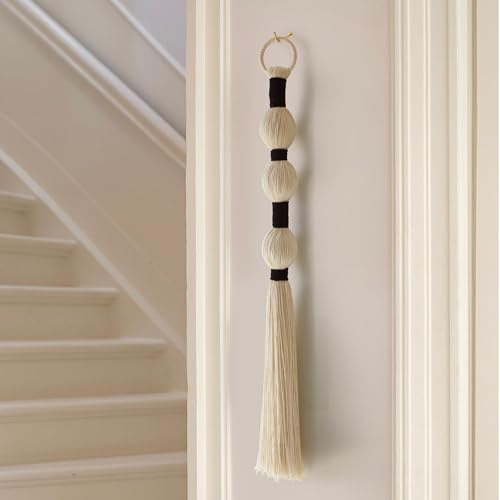 IOWER Macrame Wall Hanging Boho Wall Decor Small Sphericity Cotton Textile Tassel Hanging Fiber Yarn Art for Living Room Bedroom 27'' L x 2.3'' W - color: Ivory and Black