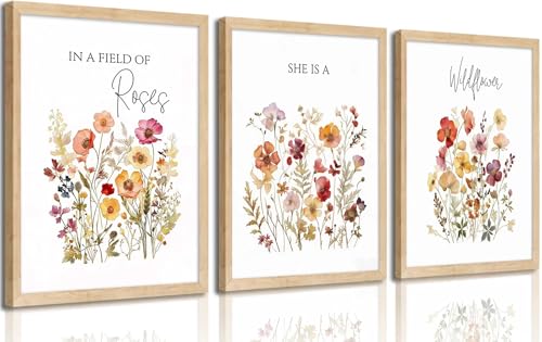 3psc Framed Floral Wall Art Watercolor Paintings On Canvas Depicting Flowers Plants And Poems Wildflower Poster Print Art Suitable For Farmhouses Bedrooms and Home DéCor 16x24 Inch - color: MEIGUIYEHUA, size: 24"L x 16"W