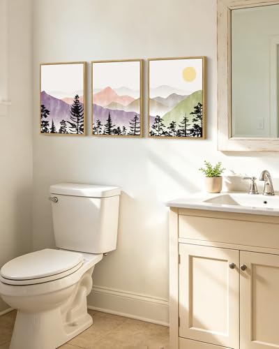 KUVIOKE Mountain Landscape Framed Wall Art Watercolor Nature Painting Boho Sun Rise Prints Farmhouse Rustic Home Decor Ready to Hang 11x14in (Natural Framed) - color: Color Sunrise Forest, size: 11 x 14in x 3 Panels Natural