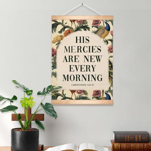 Vintage Christian Poster Wall Art Decor, Inspirational Christian Bible Verse - His Mercies Are New Every Morning Boho Wall Art Framed Decor,Peacocks and Floral Canvas Poster for Bedroom Living Room Office 14x18.5inch - color: Green- His Mercies