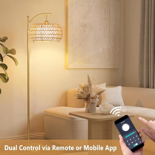 Gold Floor Lamp for Living Room with 3 Color Temperatures,Arc Boho Floor Lamps with Remote Control, Rattan Standing Lamp with Wicker Lamp Shades Dimmable Tall Floor Lamp For Bedroom Living Room Corner - color: gold-cydariform, size: 12.2 inch
