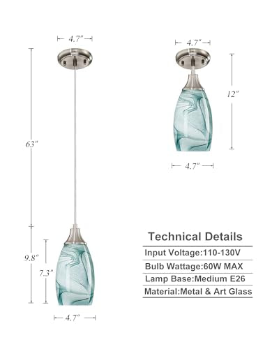 karyfine Mini Pendant Lights Kitchen Island Light Brown Glass Lamp Shade Hand Blown Glass Pendant Light with Brush Nickel Finish Adjustable Cord for Kitchen Over Sink (Green Marble-3Packs) - color: Green Marble-3Packs