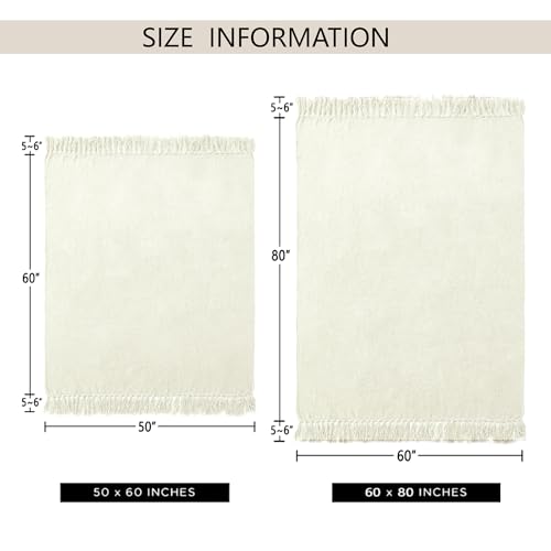 Chenille Throw Blanket for Couch 50"X 60", Soft Cozy Throws with Fringe Tassel for Bed Sofa Chair Cover, Lightweight Knitted Decorative Boho Blankets for Living Room, Ivory White - color: Ivory White, size: 50x60 inch