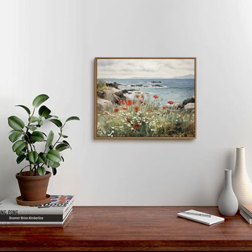 Nature Landscape Wall Art Floral Ocean Theme Pictures Wall Decor Red Poppy Canvas Prints Shoals Coastal Scenery Painting Framed for Living Room Bedroom Bathroom Home Office Decoration Gifts, 8x10 Inch - color: Floral Ocean, size: 10"L x 8"W