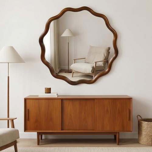 36" Wavy Round Wall Mirror with Solid Wood Frame, Country Irregular Decorative Mirror for Bathroom, Bedroom, Living Room & Entryway, HD Tempered Glass, No Distortion Vanity Mirror (Walnut,36“) - color: Walnut, size: 36"L x 36"W