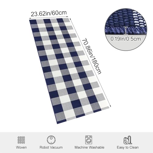 Checkered Runner Rugs 2x6 ft Navy and White Checkered Rug Buffalo Plaid Cotton Woven Mat for Hallways Kitchen Bedroom Living Room Porch Farmhouse Decor - color: Navy and White, size: 2‘×6’