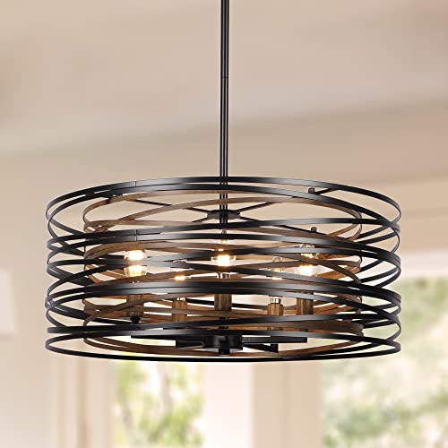 ACNKTZ 19.7'' Farmhouse Dining Room Light Fixture, 5-Light Metal Drum Chandelier, Black with Retro Wood Texture Interior - color: Black with Retro Wood Texture Interior, size: 19.7"/5-Light