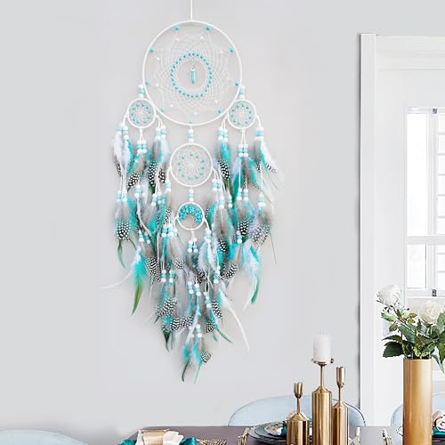 Large Dream Catchers,Boho Handmade Woven Turquoise Dream Catcher Wall Hanging Ornament for Bedroom Living Room Apartment Wedding Party Decor, Festival Blessing Gift (White+Turquoise) - color: White+turquoise