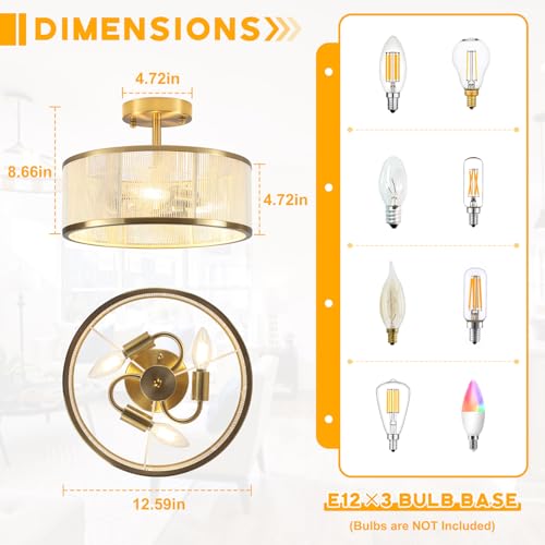 Modern Semi Flush Mount Ceiling Light, 3 Light Gold Ceiling Light with Rope Shade, Drum Light Fixture for Kitchen Bedroom Dining Room Hallway Entryway - color: Gold