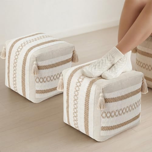 Boao 2 Pcs Unstuffed Boho Ottoman Pouf Cover 16"x16"x16" Textured Storage Cube Bean Bag Pouffe Footrest Washable Storage Bean Bag Chair Floor Pouf Covers for Living Room Bedroom Indoor(Beige,Rattan) - color: Beige, style: Rattan