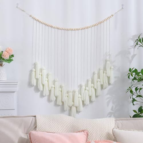 White Boho Macrame Wall Hanging Handmade Tassels Garland Wall Hanging with Wooden Beads for Bedroom Nursery Birthday Gift Party Living Room Neutral Home Decor Aesthetic - color: White
