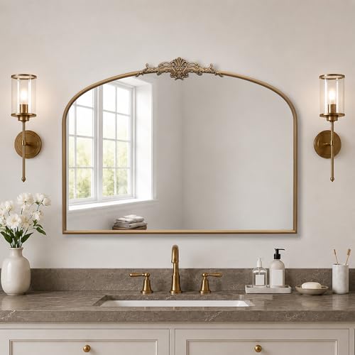 Besdomus Vintage Arched Gold Mirror: 40"x29" French Large Brass Antique Wall Vanity Mirror - Decorative Baroque Traditional Ornate for Entryway/Fireplace/Bathroom/Bedroom - Ideal for Home Renovations - color: Brass Gold, size: 29"L x 40"W
