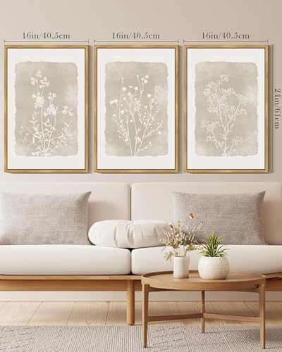 Drsoum Botanical Flower Wall Art Framed Vintage Floral Wall Prints Wildflower Neutral Rustic Bohemain Artwork Farmhouse Bedroom Ready to Hang 16x24in Natural Framed - color: Beige Botanical Floral, size: 24L" x 16W", Natural Framed