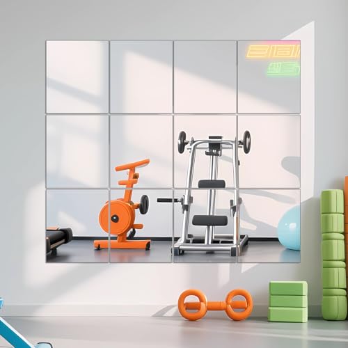Ruomeng Gym Mirror Tiles - 14" x 12" x 12Pcs Wall Mounted Mirror Glass Frameless Full Length Mirror Tiles for Home Gym, Bedroom, Door & Bathroom - size: 14"x12"-12pcs