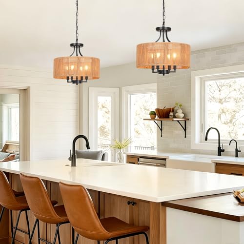 15.7'' Hand Woven Rattan Chandelier, 4-Light Boho Chandelier Rattan Pendant Light Fixture, Wicker Farmhouse Chandeliers for Dining Room Bedroom Living Room Foyer