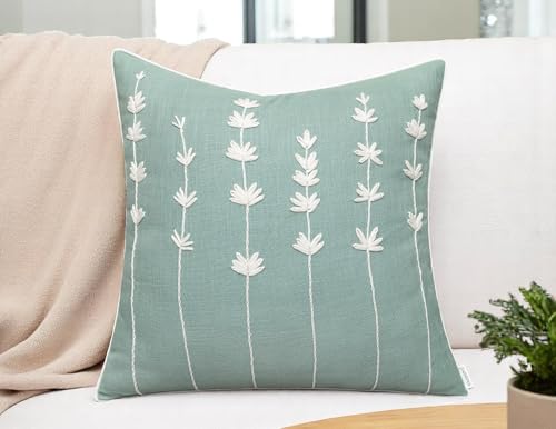 VAGMINE Embroidered Wildflower Floral 18x18 Throw Pillow Cover - Light Teal Cotton Square Cushion for Sofa Couch Bed - Cottagecore Farmhouse Spring Decor - Daisy - color: Light Teal-daisy, size: 18" x 18" (Pack of 1)