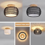 Boho Rattan Ceiling Light Fixture - 3 Style Options Wicker Semi Flush Mount Ceiling Lights,Black Bohemian Woven Basket Chandelier,Coastal Light Fixtures for Hallway Bedroom Nursery Playroom Laundry - color: Black