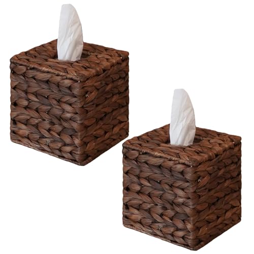 Set of 2 Water Hyacinth Handwoven Tissue Box Cover, Handcrafted Square Facial Tissue, Natural Handmade Wicker Napkin Box Holder, Rustic Decorative on Bathroom, Table, Office, Boho Decorative, Coffee - color: Coffee, size: 2 pack