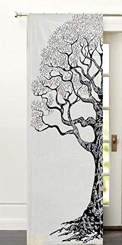 Indian Mandala Tree of Life Cotton Window Door Curtains Handmade Door Curtains Wall Hanging Hippie Balcony Wall Drapes Boho Window Treatment Decor Room Divider Sheer Wall Panel - color: White, size: 52"W x 82"L (Pack of 1)
