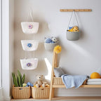 3-Tier Woven Cotton Rope Hanging Basket, Over the Door Organizer, Adjustable Detachable Wall Basket with Metal & Adhesive Hooks, No Drilling for Playroom, Toddler Nursery & Little Girls Room - style: BigFlower