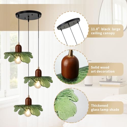 3-Light Green Flower Glass Cluster Pendant Light, Wood Adjustable Cord Hanging Lamp, Farmhouse Boho Ceiling Light Fixture for Kitchen Island Breakfast Nook Dining Table - color: Green, 3 Lights