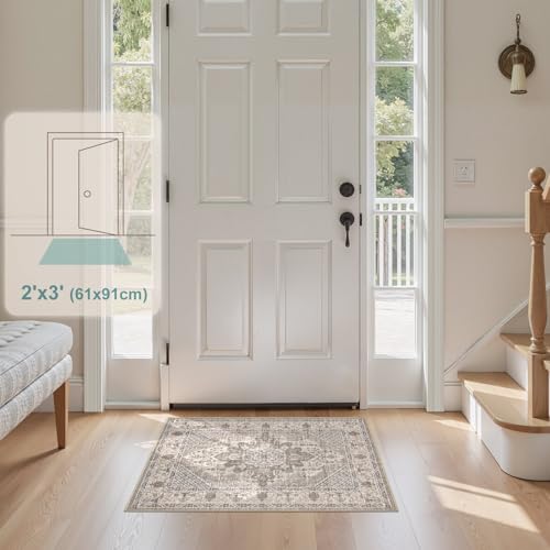 Tortania Area Rug 2x3 Doormat - Washable Vintage Oriental Farmhouse Soft Thin Indoor Carpet for Living Room Bedroom Hallway Entryway Kitchen - Taupe Brown - color: Taupe Brown, size: 2' x 3' (Rectangular)