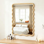 Wavy Mirror for Wall, 36"x24" Boho Bathroom Vanity Mirror with Wooden Frame, for Bedroom, Living Room, Entryway, Farmhouse - size: 36"L x 24"W