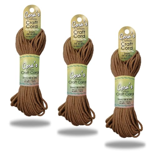 Cora's Cotton Macrame Cord | 2mm x 100ft 3-Pack | Braided Cotton Cord for Macrame | Macrame, DIY Crafts, Plant Hangers, Wall Hanging, Crochet | Durable, Long Lasting, Vibrant (Biscuit Brown) - color: Biscuit Brown