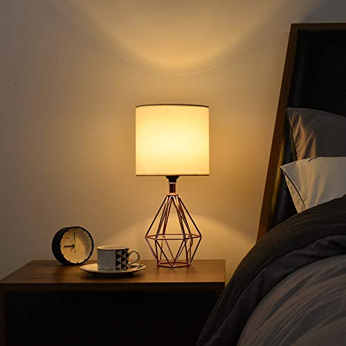 Rose Gold Bedside Table Lamp,Modern Small Desk Lamp with TC Fabric Shade Geometric Metal Base for Kids Living Room Bedroom Nightstand - color: Rose Gold