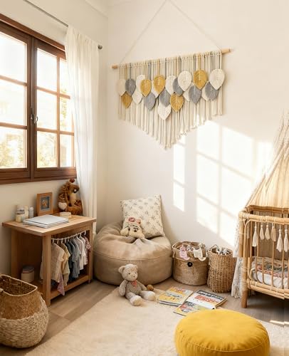 Tempospark Large Macrame Wall Hanging, 39" Wx29 L Boho Wall Hanging, Boho Chic Leaves Tassels Tapestry for Bedroom, Living Room, Dining Room, Nursery, Hallway, Balcony - color: Golden Wheat, size: 29"L x 39"W