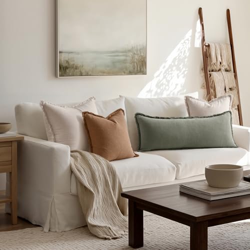 MIULEE Decorative Throw Pillow Covers Neutral Linen Fringe Throw Pillows Set of 1 Light Olive Green Boho Farmhouse Cushion Covers for Couch Sofa Bed Living Room Spring Home Decor 14x36 Inch - color: Light Olive Green