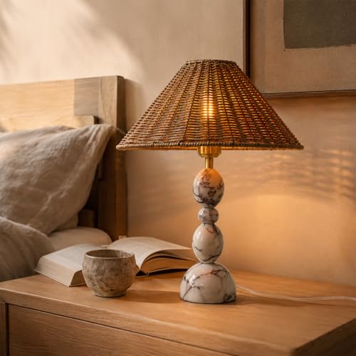Calacatta Marble Table Lamp with Hand-Woven Rattan Shade, Vintage Stone Lamp with 3 Color Temperatures, Luxury Light for Bedroom Living Room - size: 15.3in